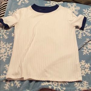 white/cream striped with blue border